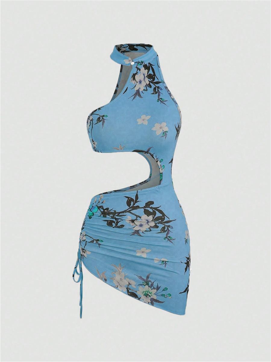 Liber Summer Women's Beach Print, Tie Stand Collar Sleeveless Mini Dress