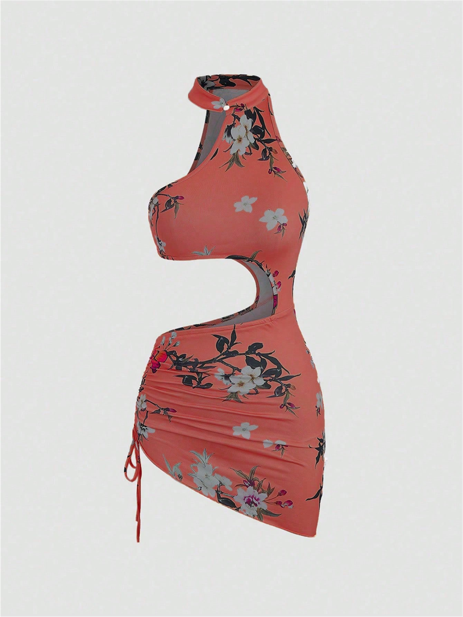 Liber Summer Women's Beach Print, Tie Stand Collar Sleeveless Mini Dress