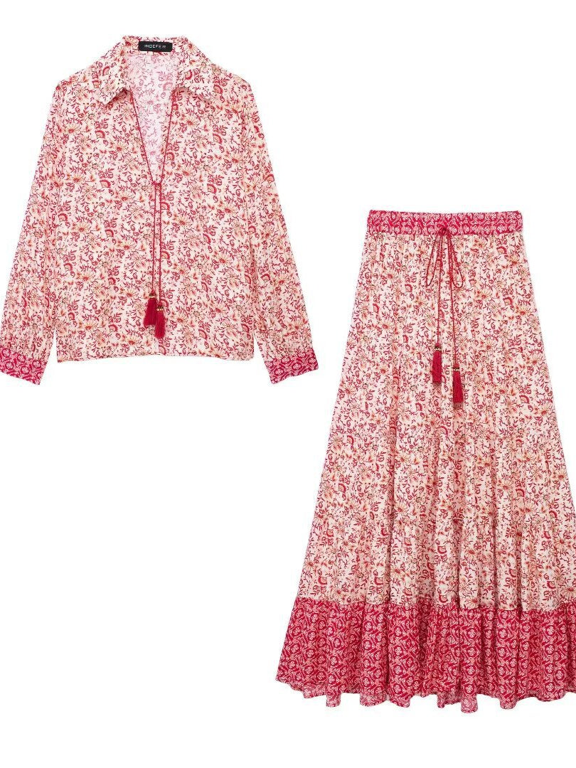 Liber Summer Women's Urban Outdoor Fringed Square Neck Long Sleeve Two-Piece Suit