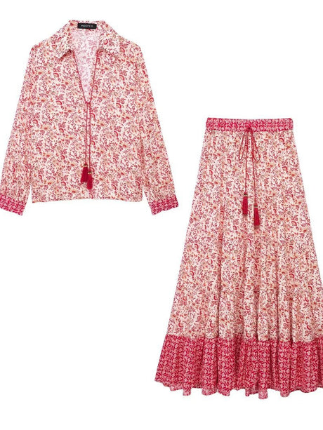 Liber Summer Women's Urban Outdoor Fringed Square Neck Long Sleeve Two-Piece Suit