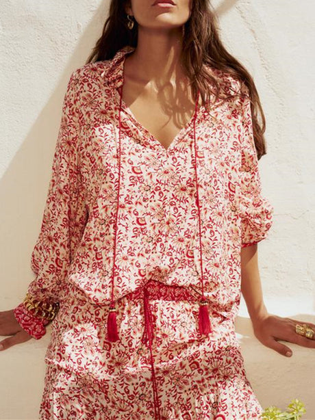 Liber Summer Women's Urban Outdoor Fringed Square Neck Long Sleeve Two-Piece Suit