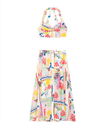 Liber Summer Women's Beach Print V-Neck Sleeveless Two-Piece Suit