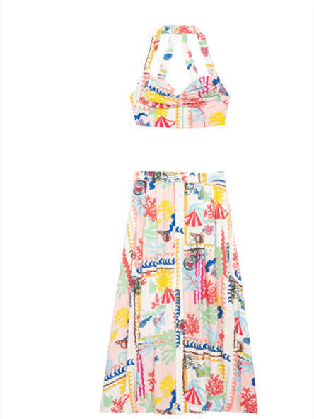 Liber Summer Women's Beach Print V-Neck Sleeveless Two-Piece Suit