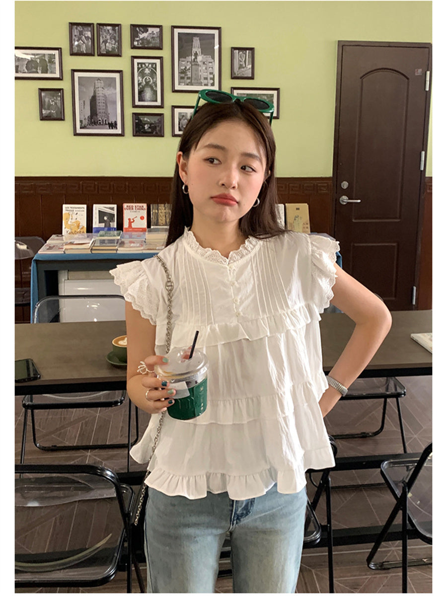 Liber Summer Women's Ruffles Flying Sleeve Blouse