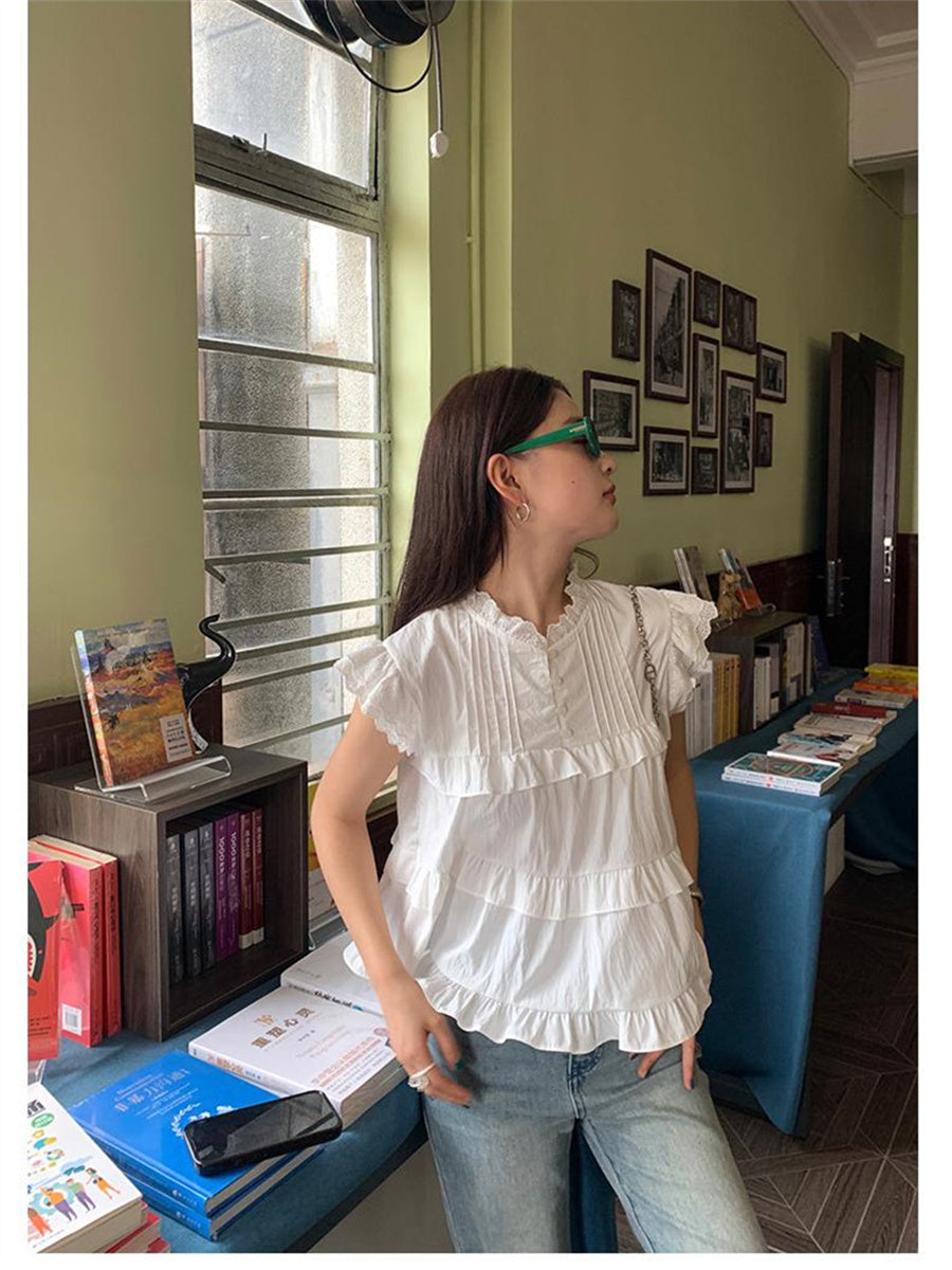 Liber Summer Women's Ruffles Flying Sleeve Blouse