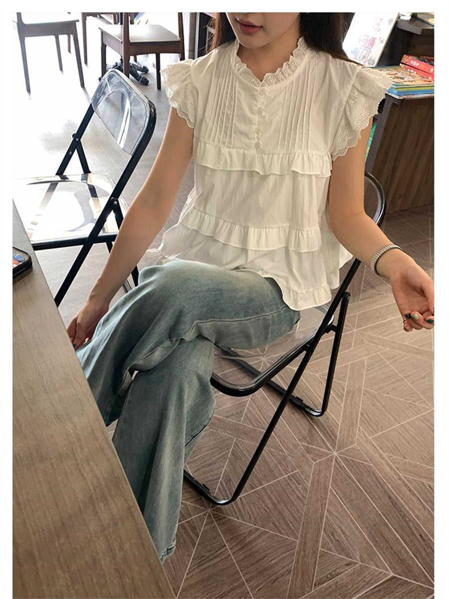 Liber Summer Women's Ruffles Flying Sleeve Blouse