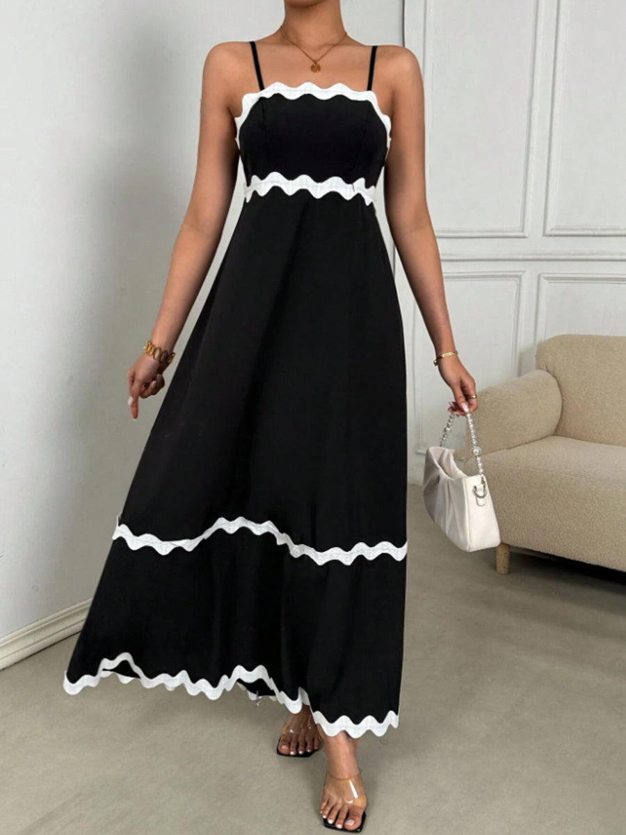 Liber Summer Women's Spliced Solid Contrast Lace Long Dress