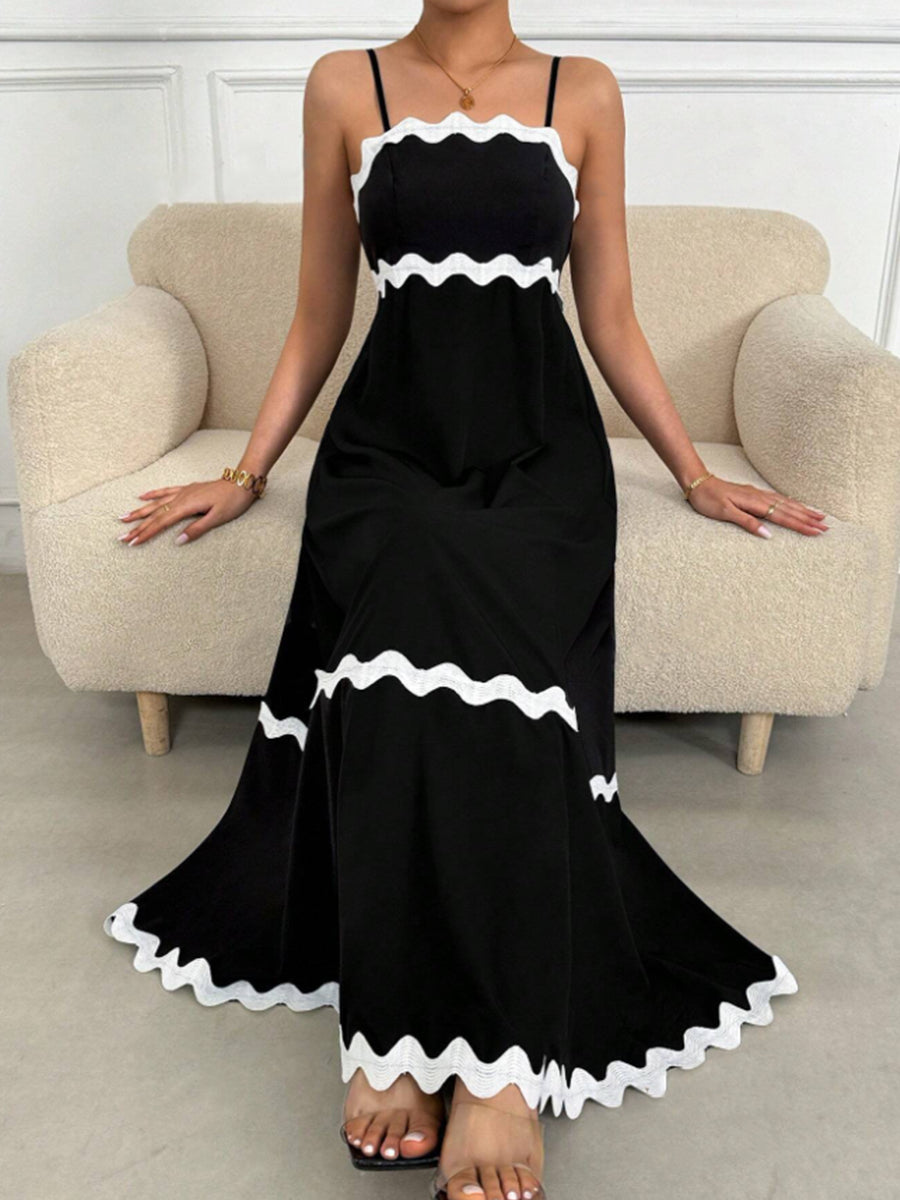 Liber Summer Women's Spliced Solid Contrast Lace Long Dress