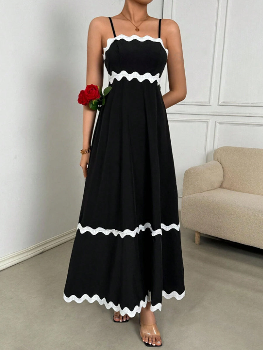 Liber Summer Women's Spliced Solid Contrast Lace Long Dress