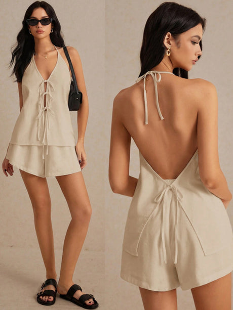 Liber Summer Women's Solid Color Lace-up Two-piece Set