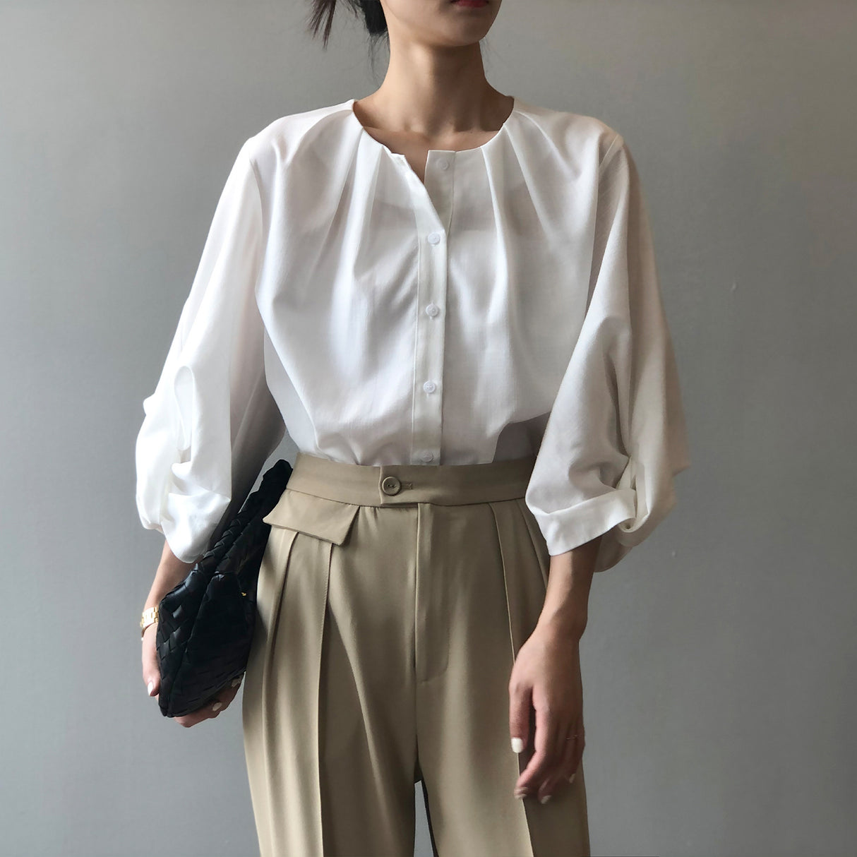 Liber Autumn Women's Solid Lantern Sleeve Shirt