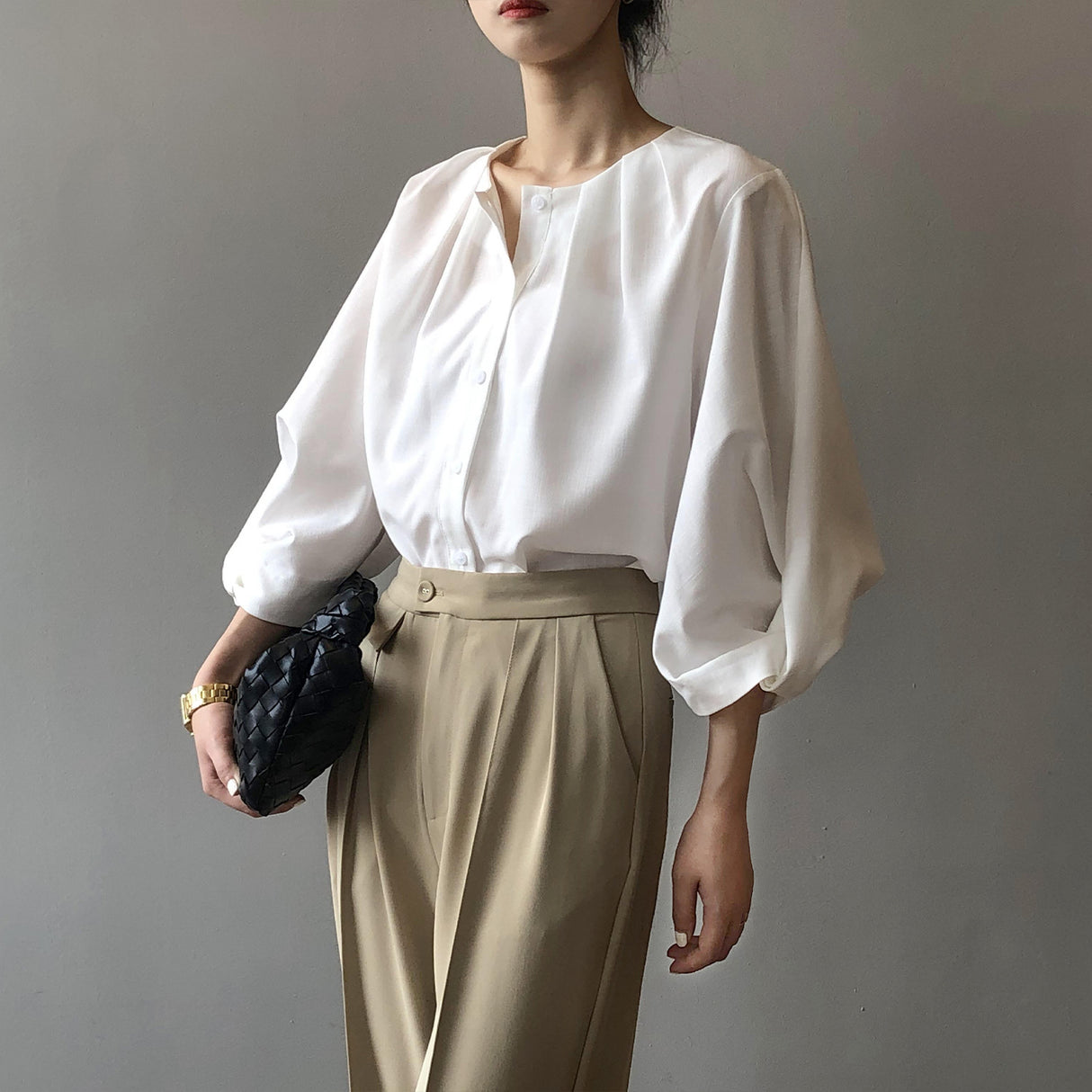 Liber Autumn Women's Solid Lantern Sleeve Shirt