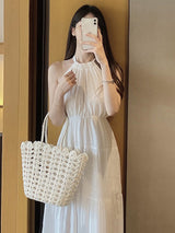 Liber Fall Women's Patchwork Halter Neck Long Dress