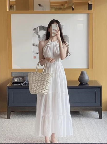 Liber Fall Women's Patchwork Halter Neck Long Dress