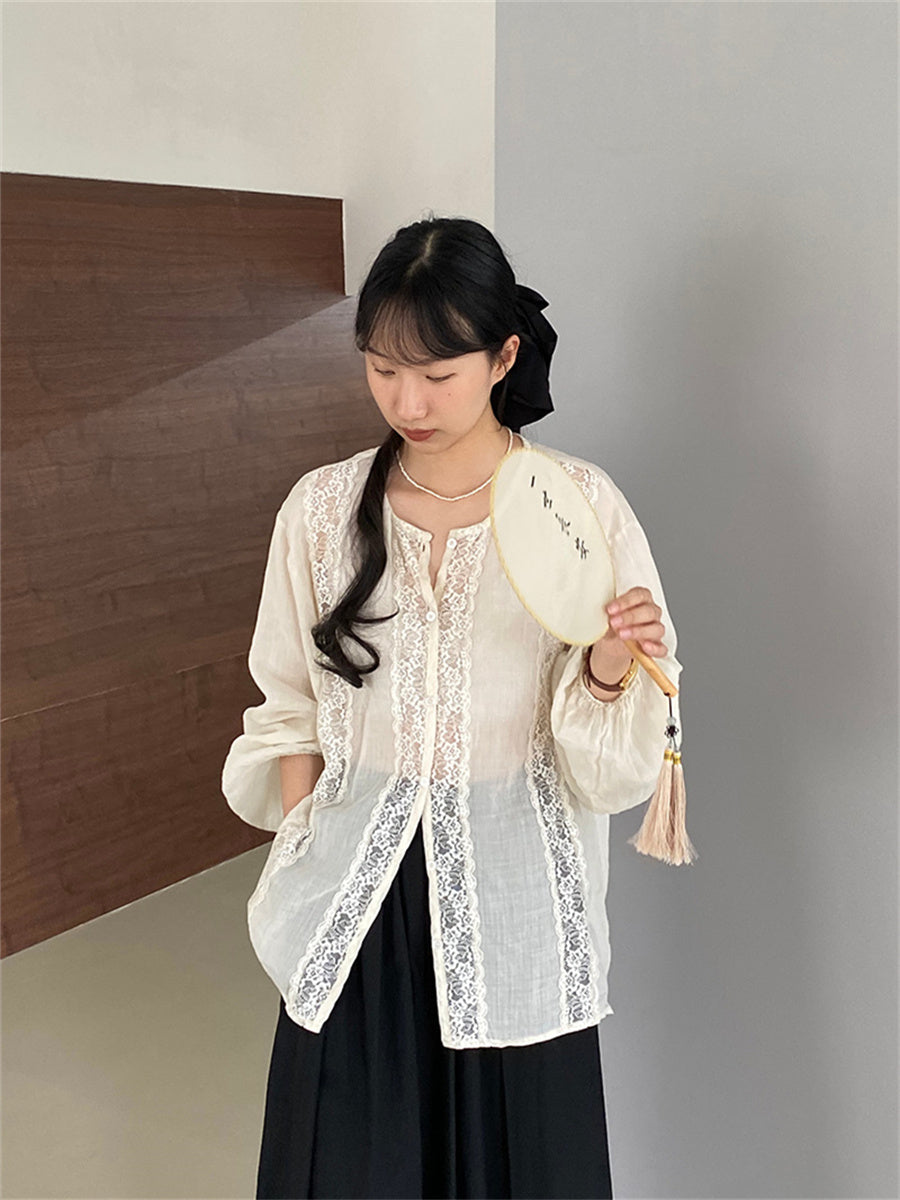 Liber Autumn Women's Lace Fabric Paneling Puff Sleeve Mesh Blouse