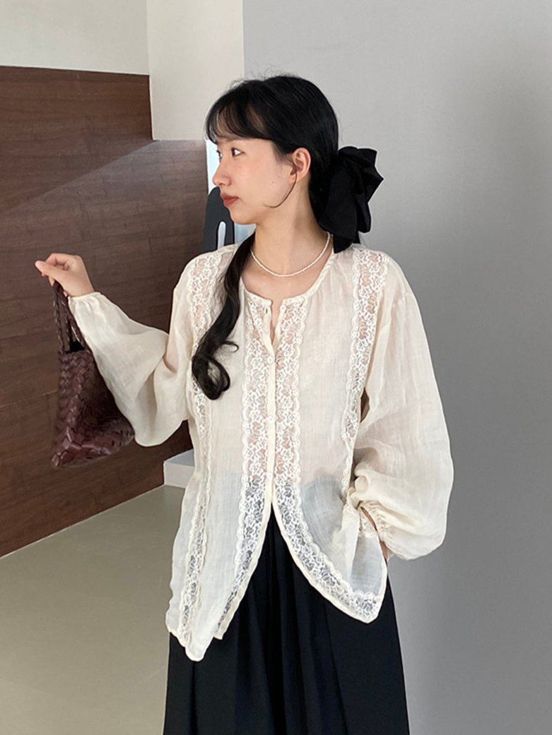 Liber Autumn Women's Lace Fabric Paneling Puff Sleeve Mesh Blouse