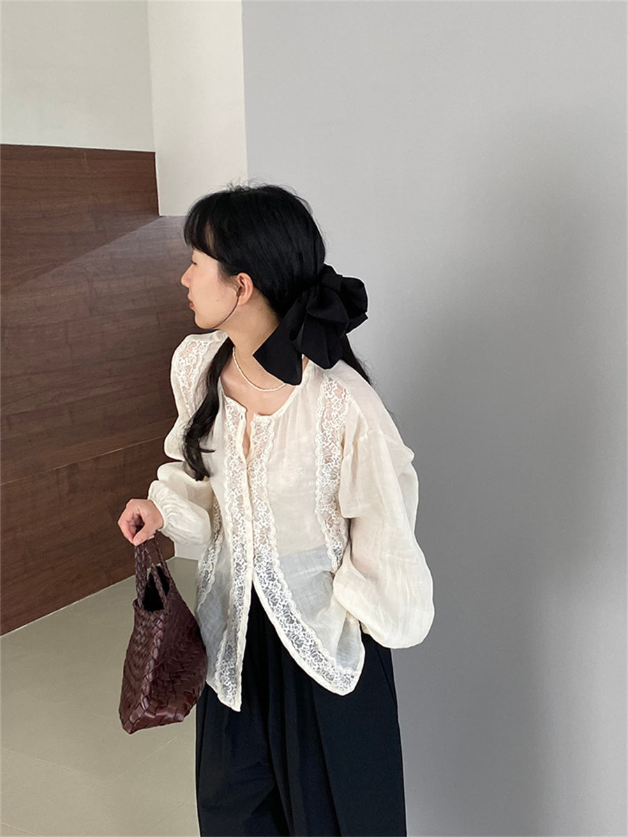 Liber Autumn Women's Lace Fabric Paneling Puff Sleeve Mesh Blouse