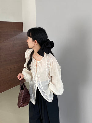 Liber Autumn Women's Lace Fabric Paneling Puff Sleeve Mesh Blouse