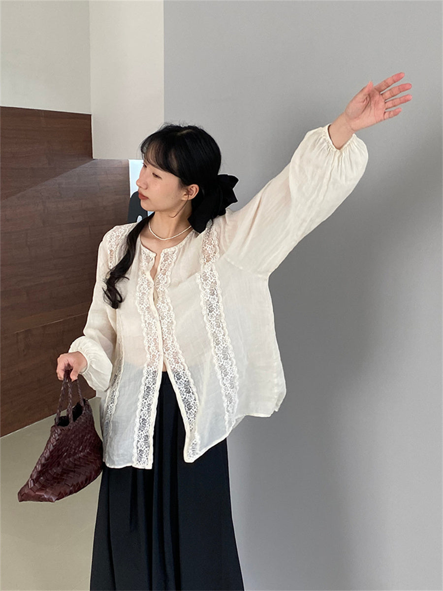 Liber Autumn Women's Lace Fabric Paneling Puff Sleeve Mesh Blouse