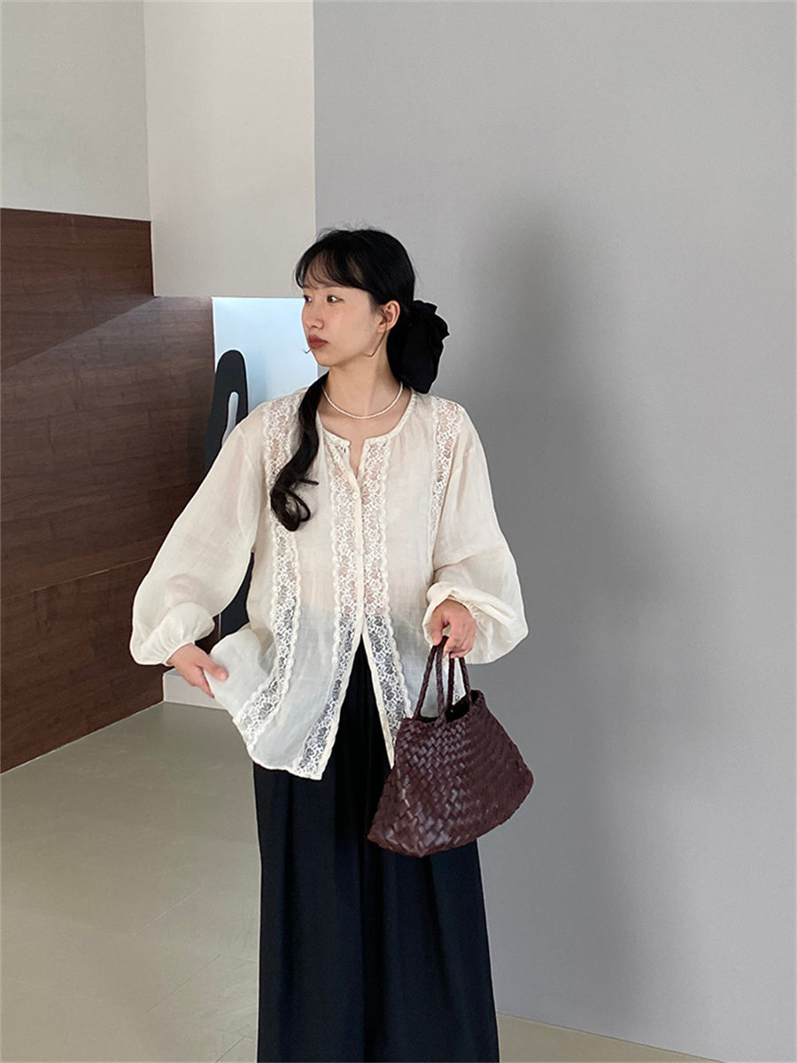 Liber Autumn Women's Lace Fabric Paneling Puff Sleeve Mesh Blouse