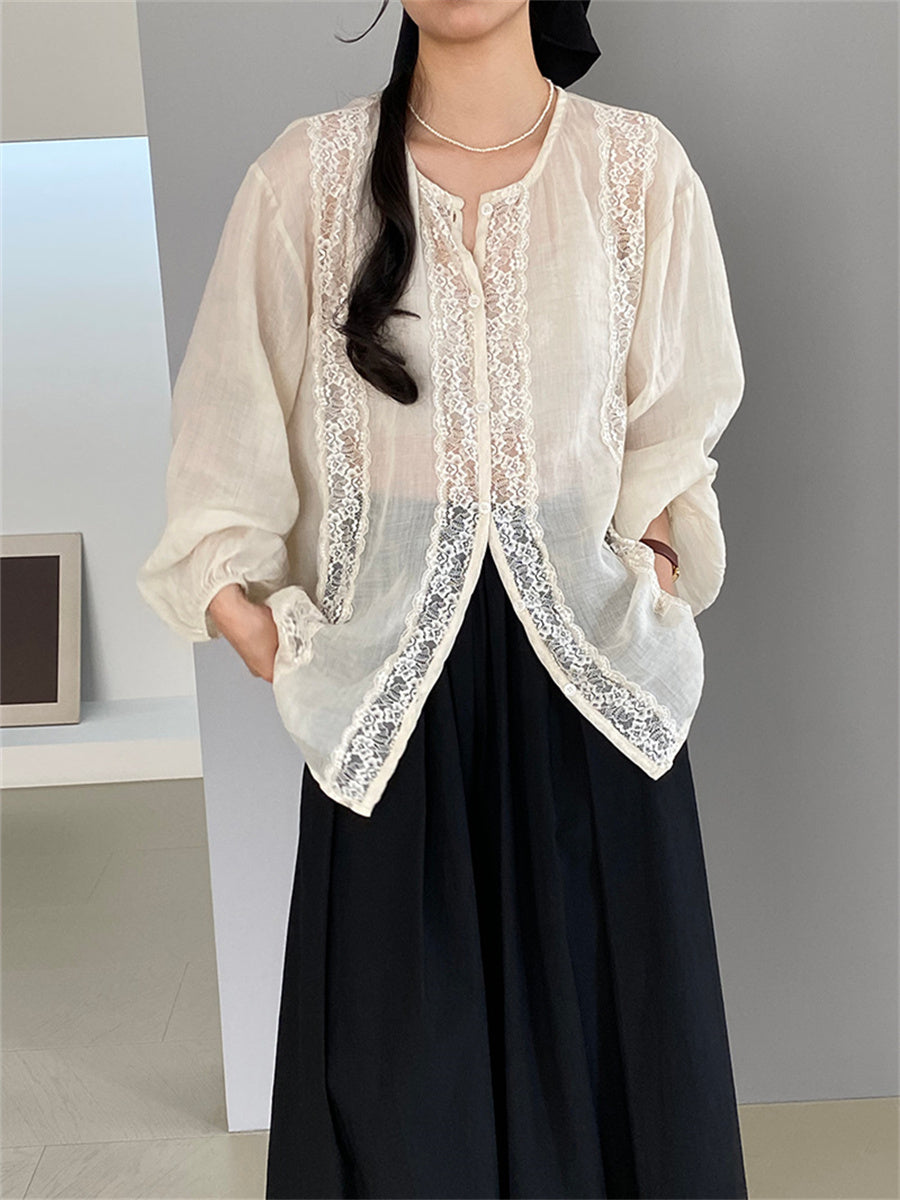 Liber Autumn Women's Lace Fabric Paneling Puff Sleeve Mesh Blouse