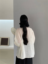 Liber Autumn Women's Lace Fabric Paneling Puff Sleeve Mesh Blouse