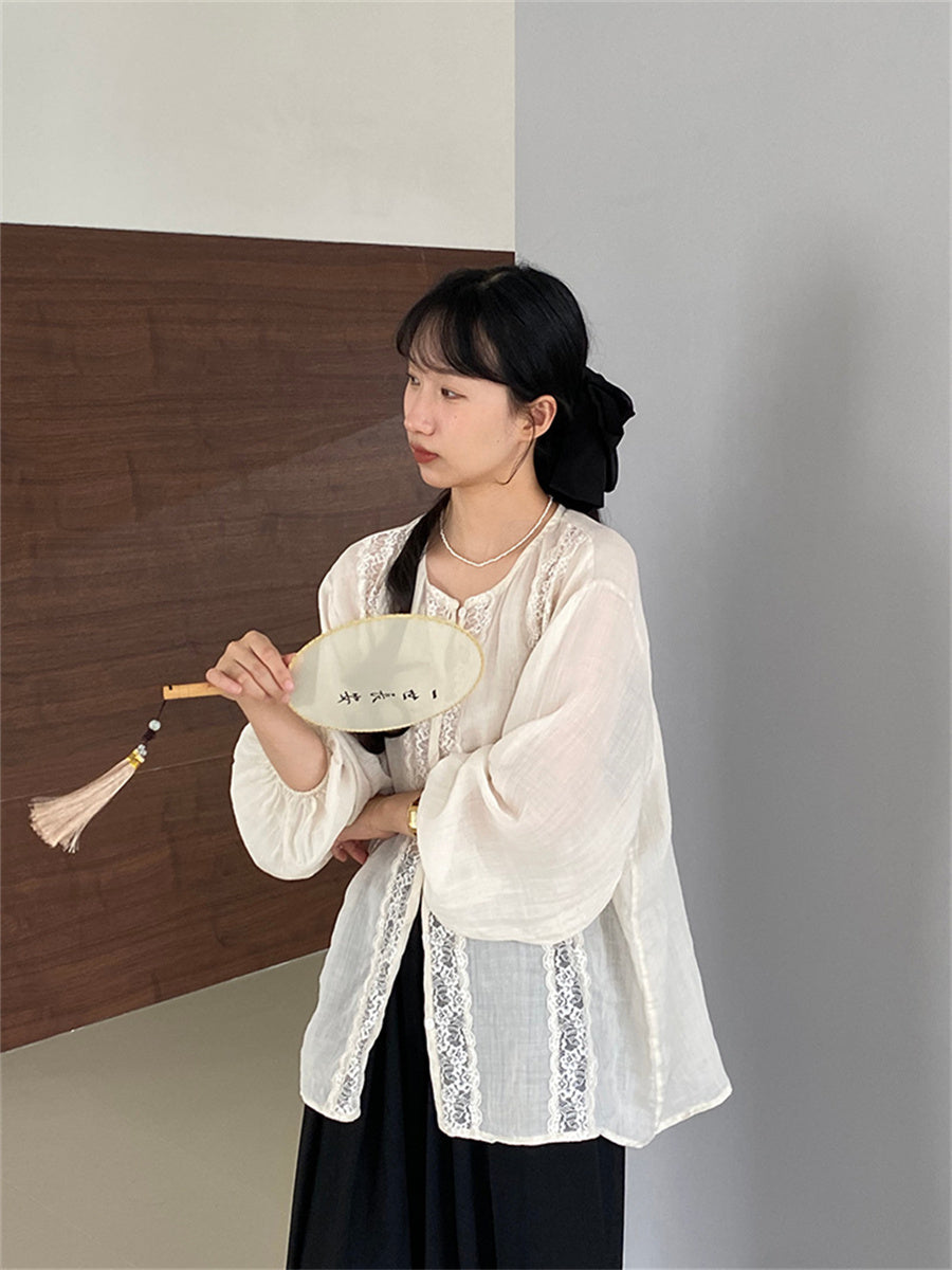 Liber Autumn Women's Lace Fabric Paneling Puff Sleeve Mesh Blouse