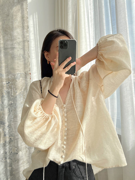Liber Fall Women's Button Design V-neck Shirt