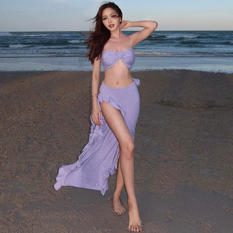 Liber Summer Women's 3D Flower Tube Top and Irregular Ruffles HemTwo-Piece Set