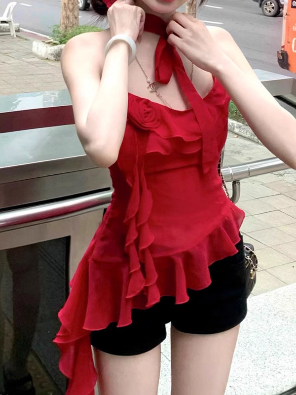 Liber Fall Women's Ruffled Halter Mesh Camisole