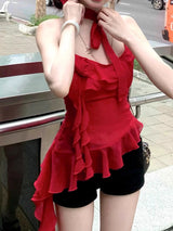 Liber Fall Women's Ruffled Halter Mesh Camisole