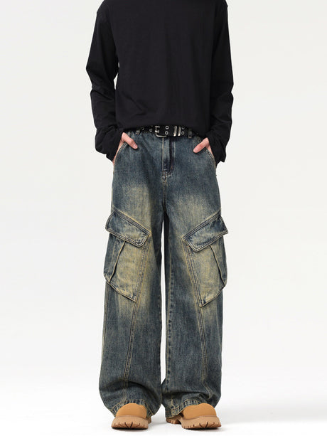 Liber AW Neutral Style Denim Cargo Trousers