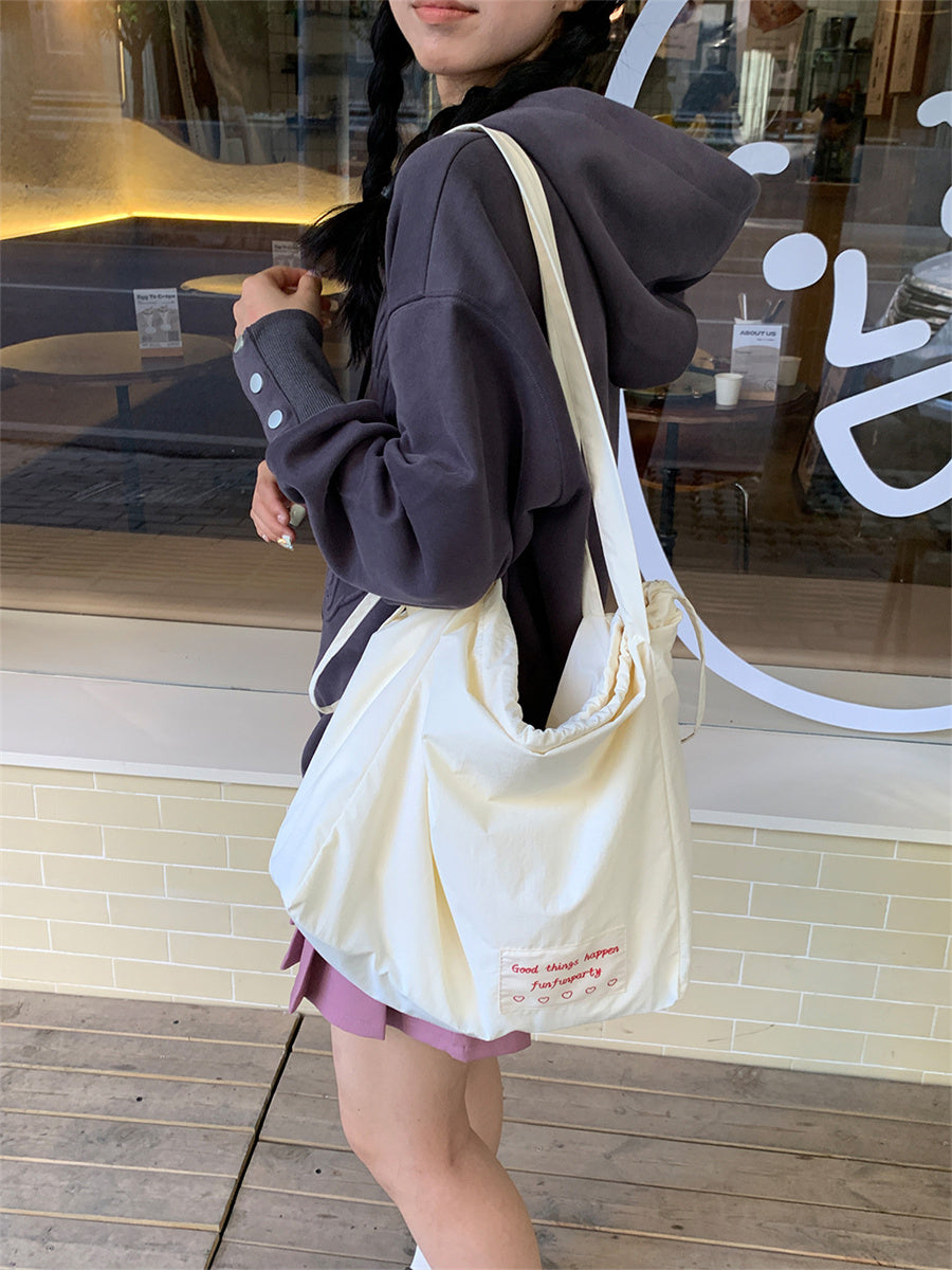 Liber ACC Large Capacity Embroidered Drawstring Solid Color Tote Bag