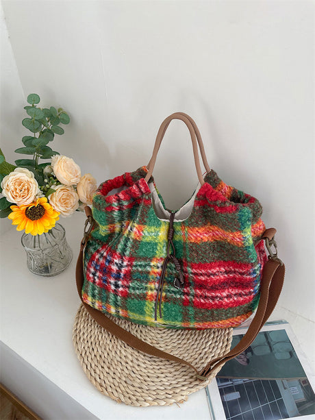 Liber ACC Large Capacity Lace-Up Plaid Plush Shoulder Bag