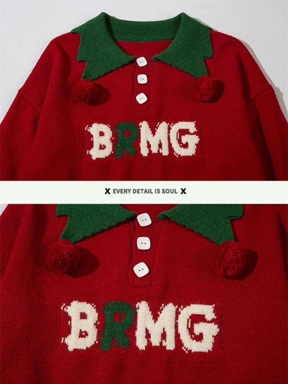 Liber Autumn Winter Unisex Polo Collar Christmas Sweater