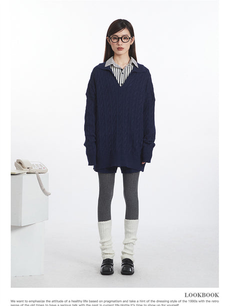 Liber Winter Women's Knitted Polo Neck Pullover Twisted Top and Shorts Two-Piece Set