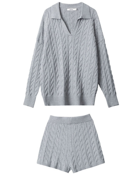 Liber Winter Women's Knitted Polo Neck Pullover Twisted Top and Shorts Two-Piece Set
