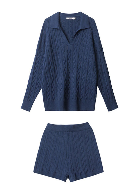 Liber Winter Women's Knitted Polo Neck Pullover Twisted Top and Shorts Two-Piece Set