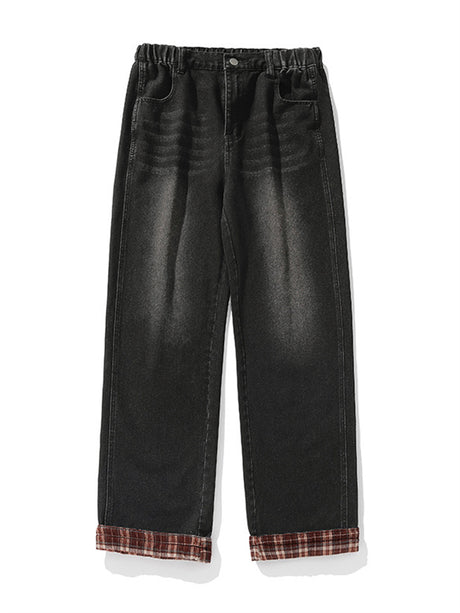 Liber Spring Men's Plaid Stitching Distressed Vintage Washed Jeans