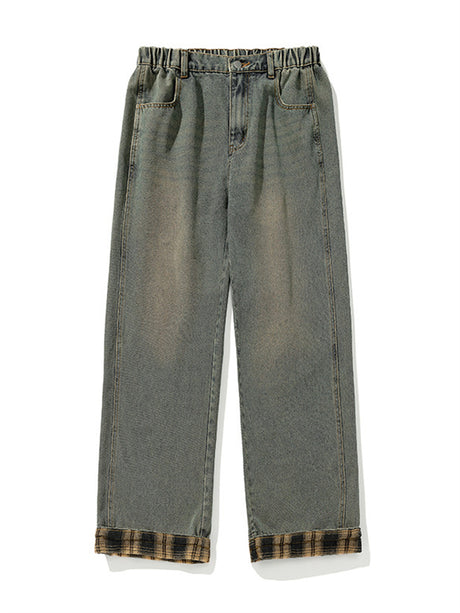 Liber Spring Men's Plaid Stitching Distressed Vintage Washed Jeans