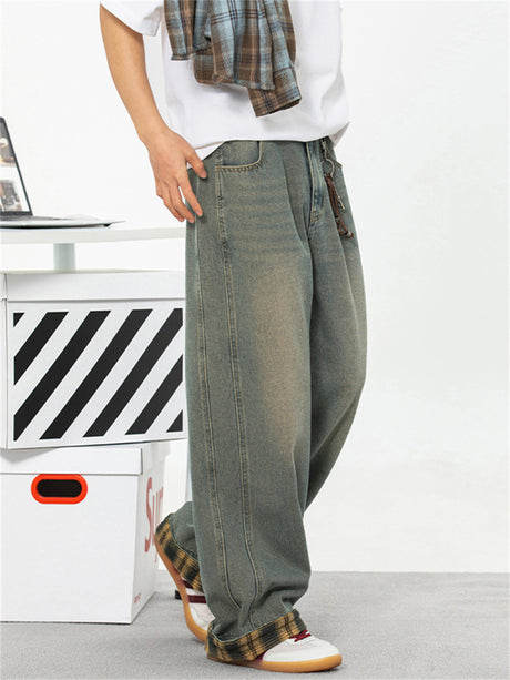 Liber Spring Men's Plaid Stitching Distressed Vintage Washed Jeans