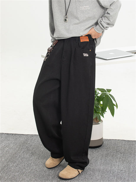 Liber Spring Men's Solid Vintage Loose Pleated Embroidered Jeans