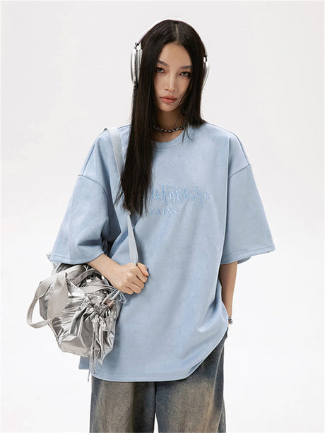 Liber Spring Unisex Embroidered Retro American Letter T-shirt