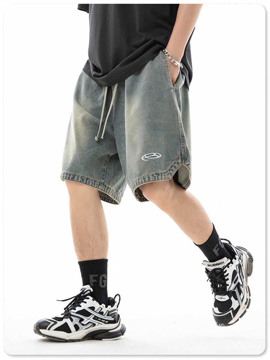 Liber Spring Men's Embroidered Hem Slit Denim Shorts