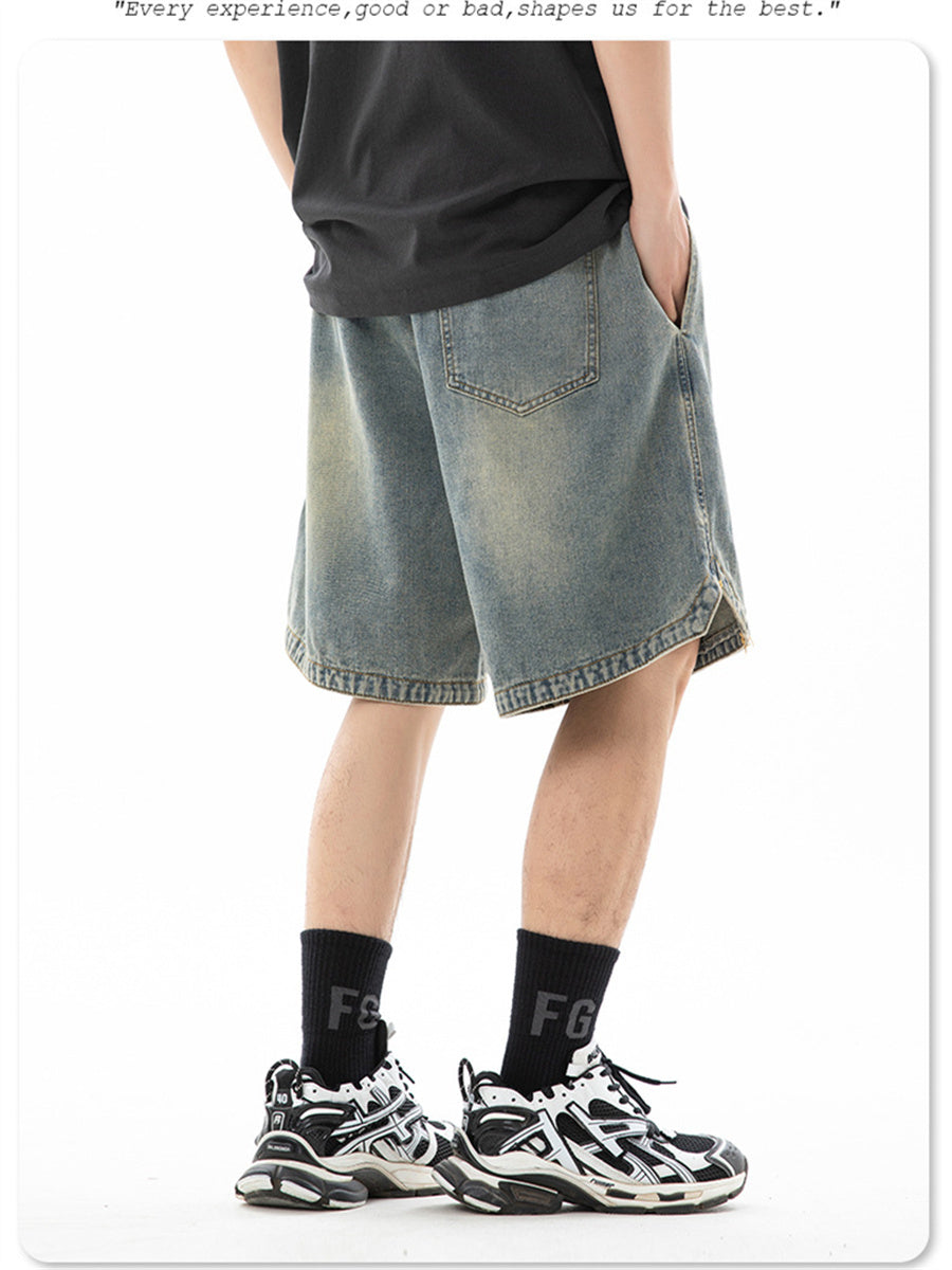 Liber Spring Men's Embroidered Hem Slit Denim Shorts