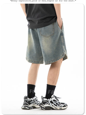 Liber Spring Men's Embroidered Hem Slit Denim Shorts