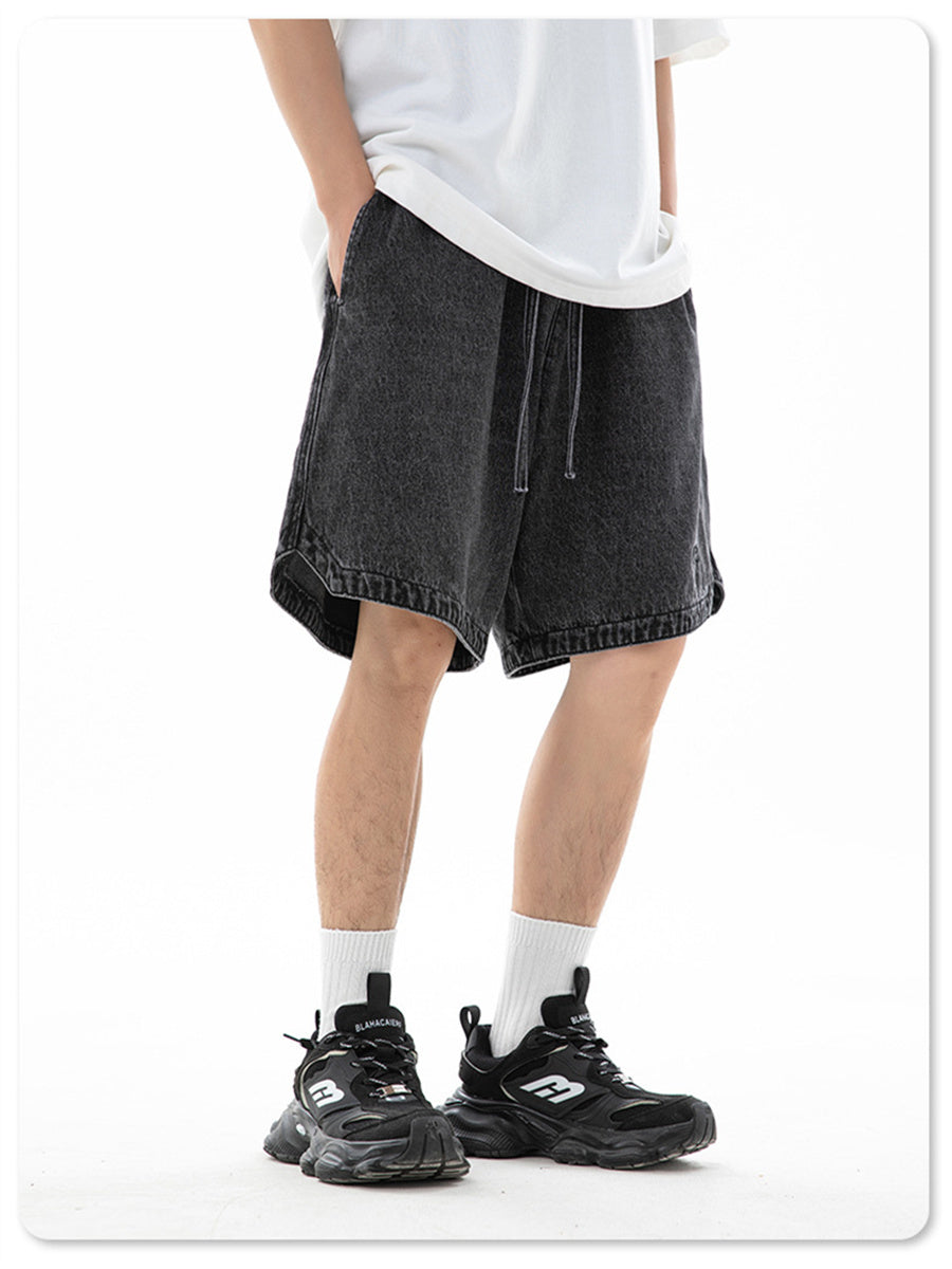Liber Spring Men's Embroidered Hem Slit Denim Shorts