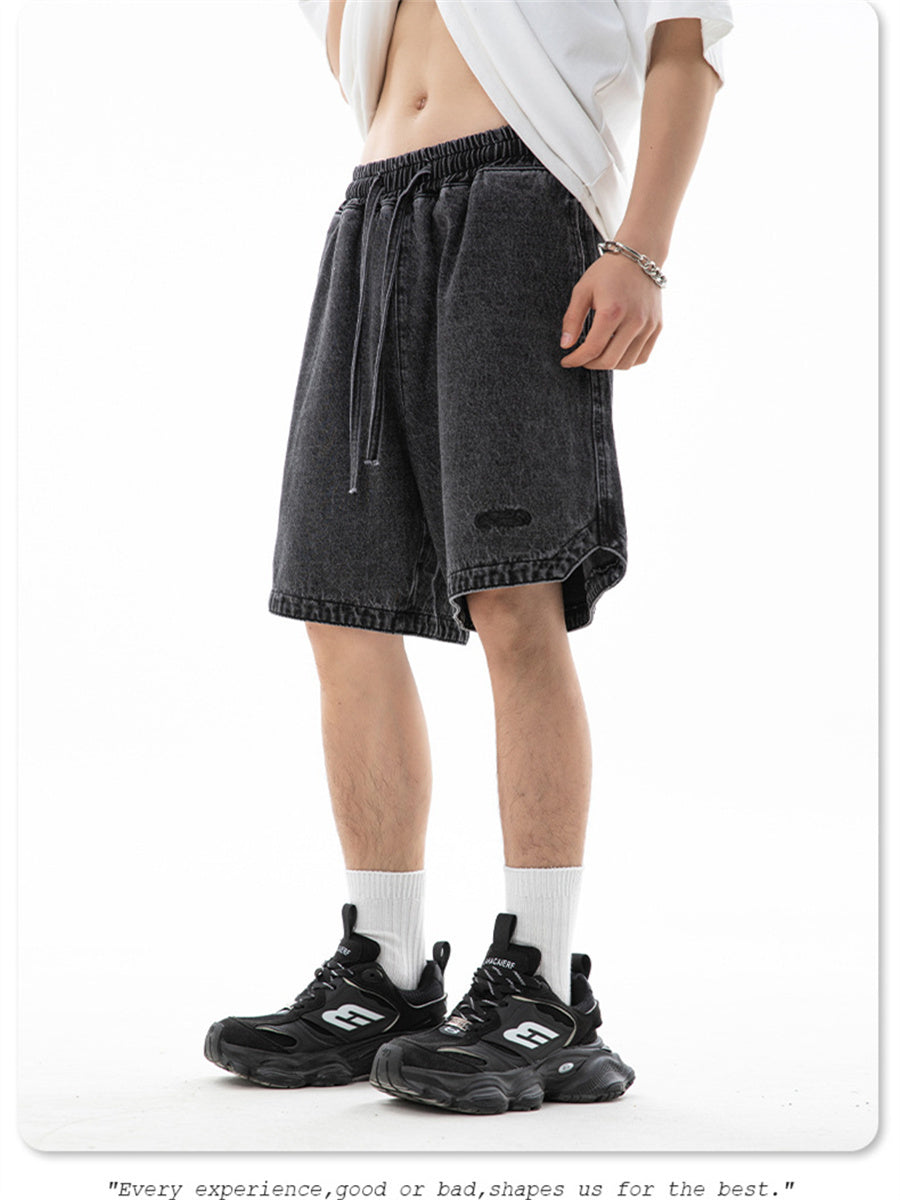 Liber Spring Men's Embroidered Hem Slit Denim Shorts