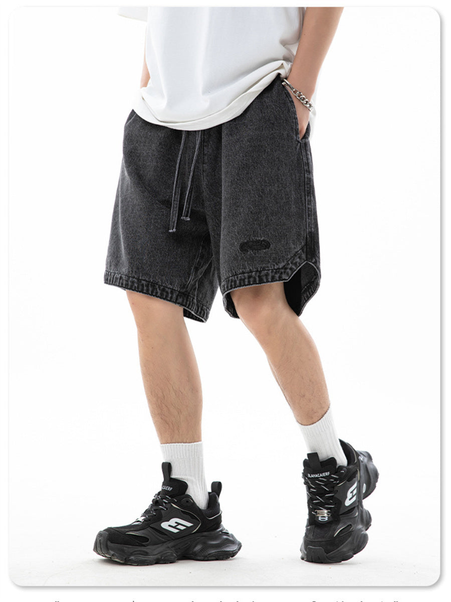 Liber Spring Men's Embroidered Hem Slit Denim Shorts