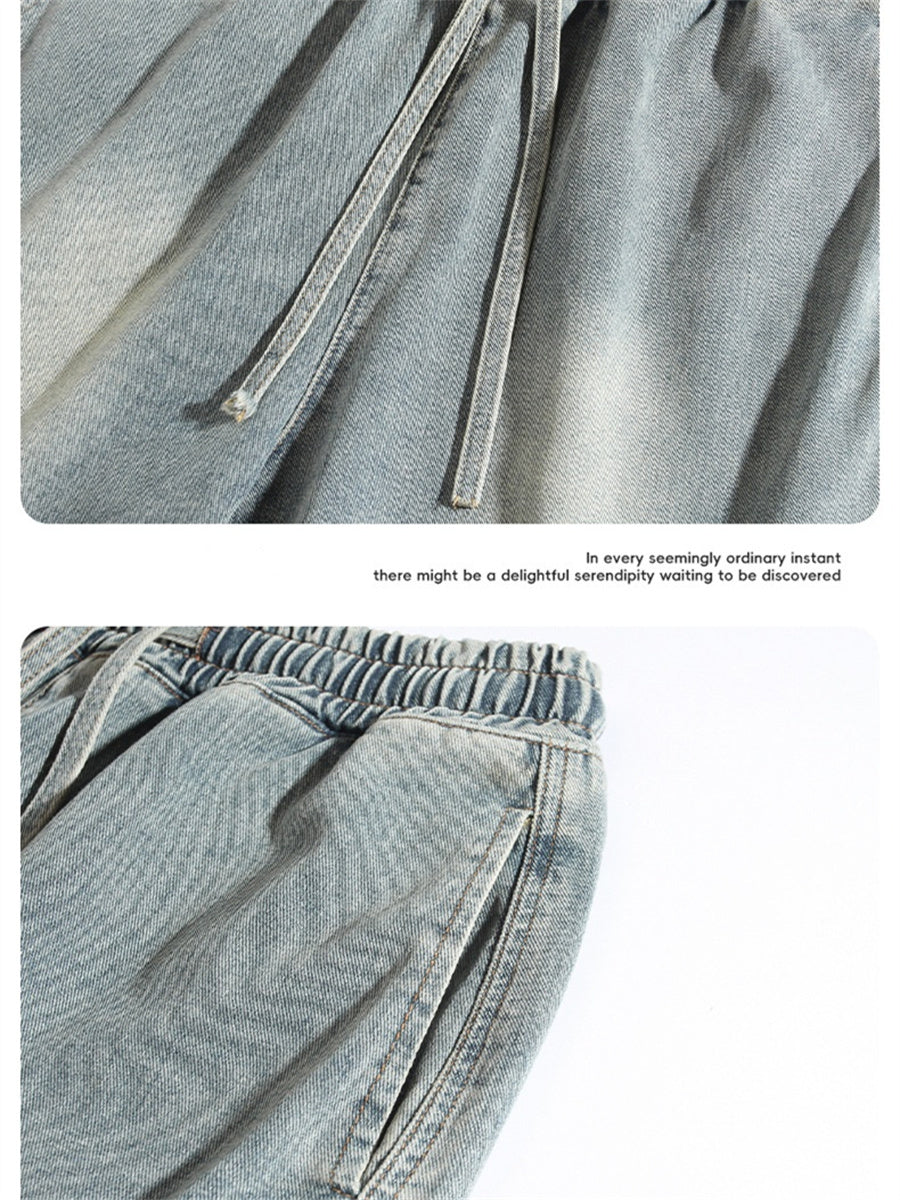Liber Spring Men's Embroidered Hem Slit Denim Shorts